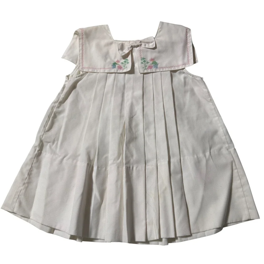 Vintage 80s Rosey Kids Sailor Style Babydoll Garden Stitch Dress 18m Girl cotton